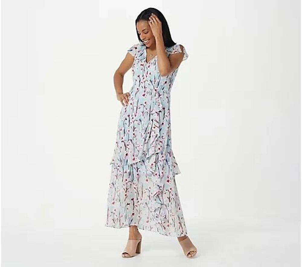 Haute Hippie Tribe Ruffle Dress Size 1X Floral Blue Maxi Cottagecore Long